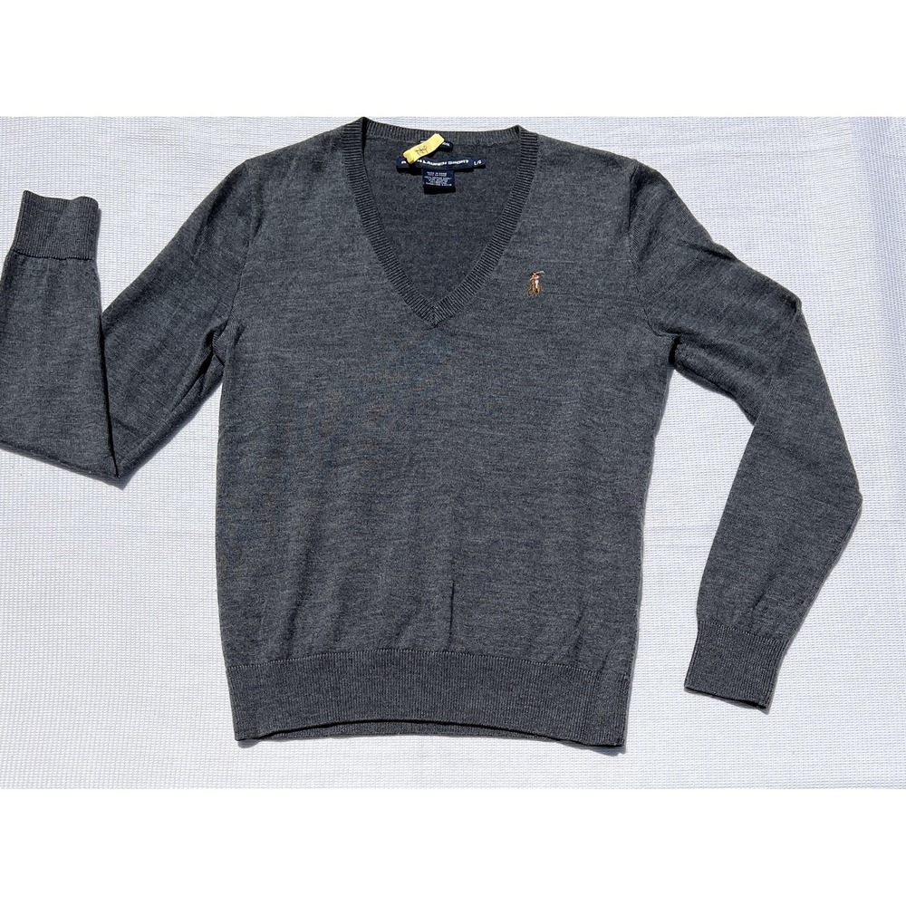 Ralph Lauren Sport Women's Merino Wool V-Neck Sweater Gray L/G Embroidered Logo